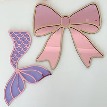 Load image into Gallery viewer, Pink and purple mermaid tail and bow mirror on a white background