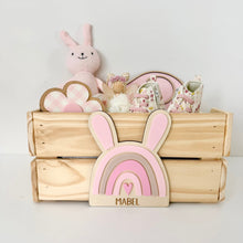 Load image into Gallery viewer, Wooden box with a pink rainbow bunny design and 'Mabel' name on a white background